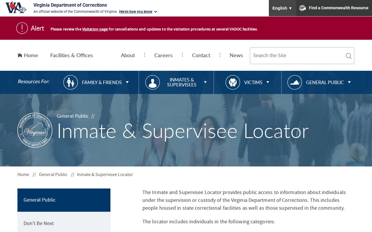 Charles City County Virginia Department of Corrections record locator interface