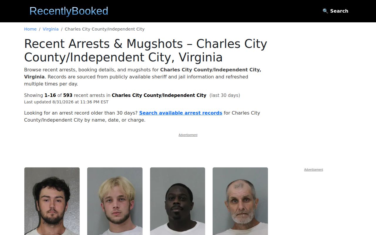 Charles City County unofficial booking context landing page