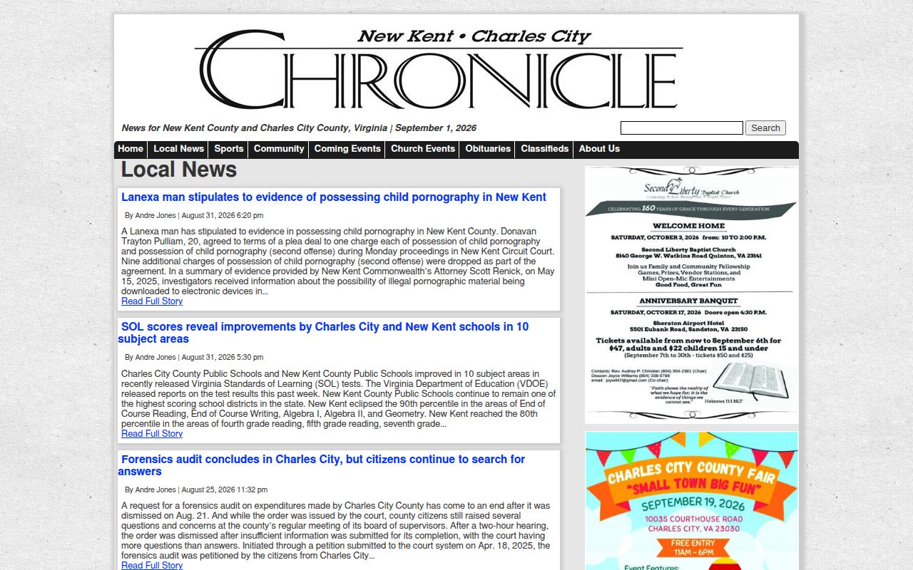 Charles City County arrest news section from the New Kent–Charles City Chronicle